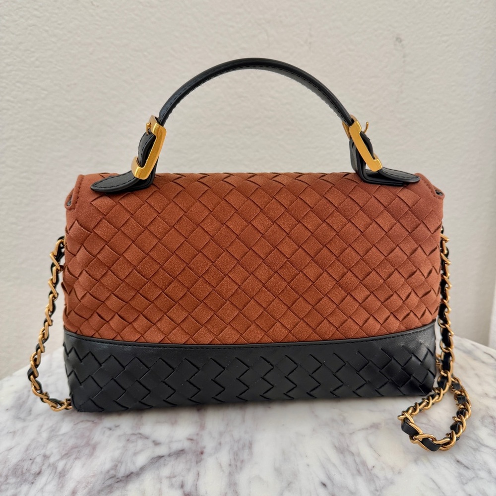 Brown Black Two-Tone Woven Leather Top Handle Crossbody Chain Strap Bag - Picture 6 of 14